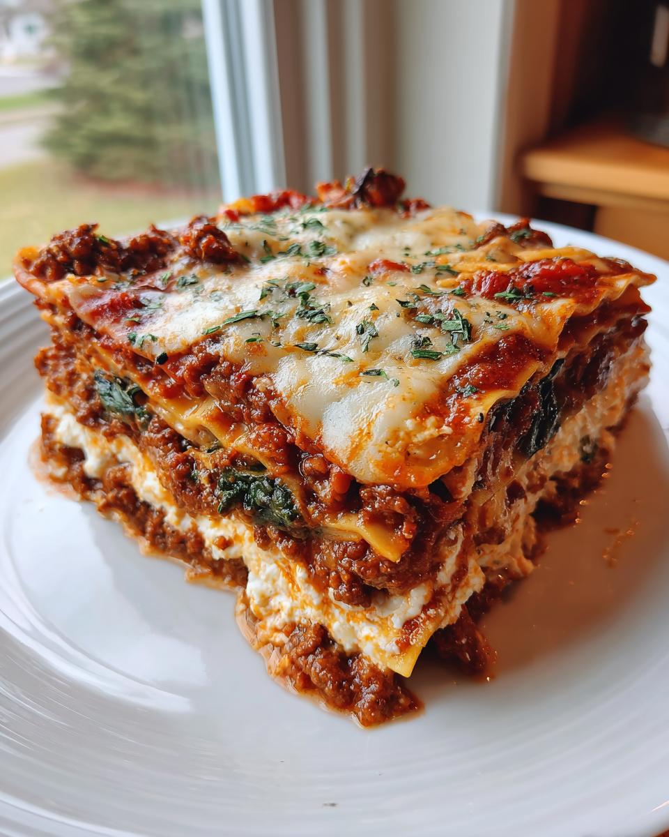 A tall, layered slice of Lasagna with Cottage Cheese on a white plate, topped with melted cheese and parsley.