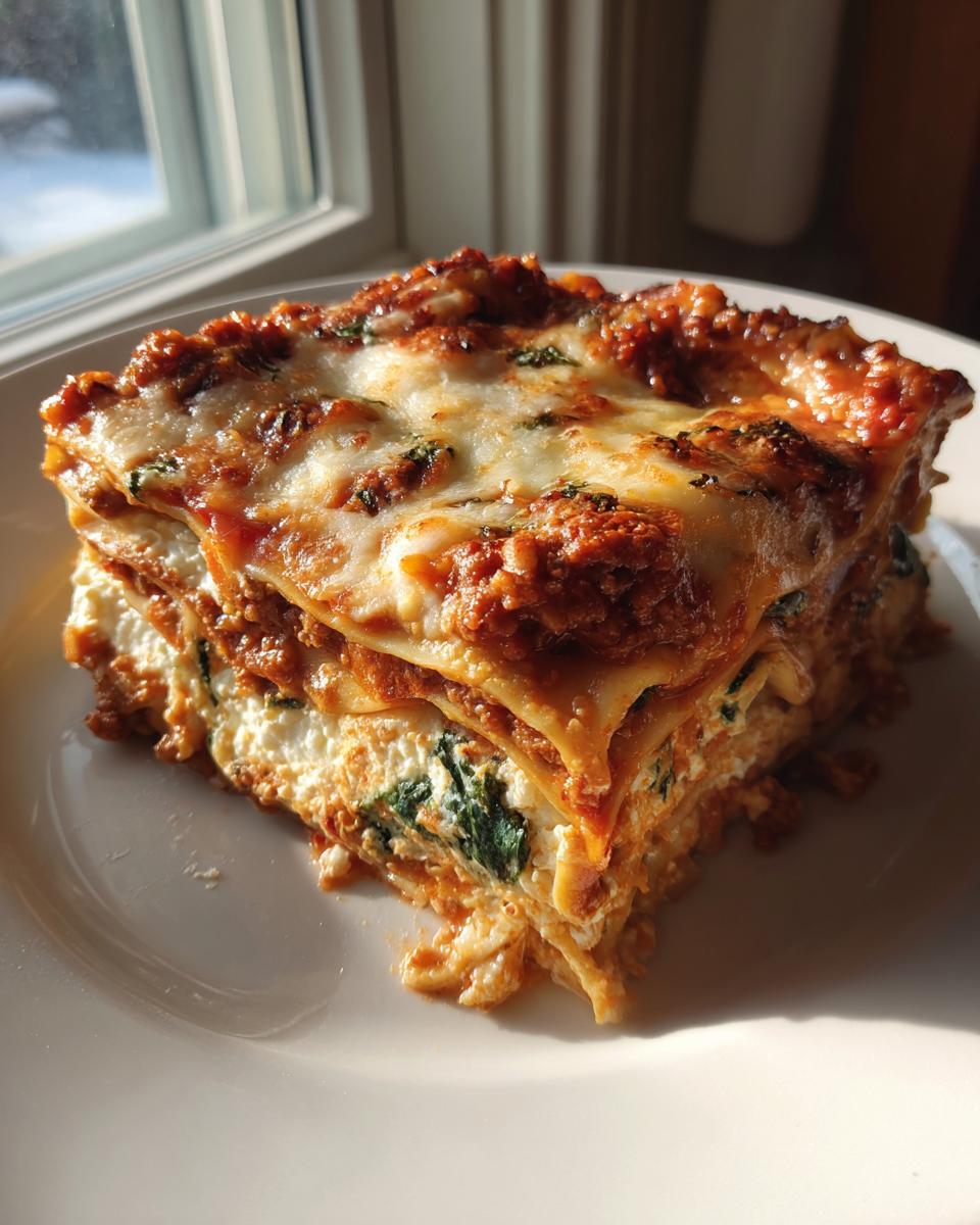 A thick, layered slice of Lasagna with Cottage Cheese featuring melted cheese and rich sauce, served on a white plate.