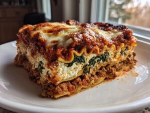 A thick, layered slice of Lasagna with Cottage Cheese, featuring ruffled pasta edges, rich meat sauce, spinach, and melted cheese topping.