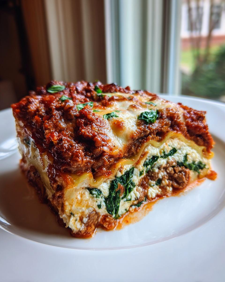 A close-up of a hearty slice of lasagna with cottage cheese, spinach, and meat sauce.