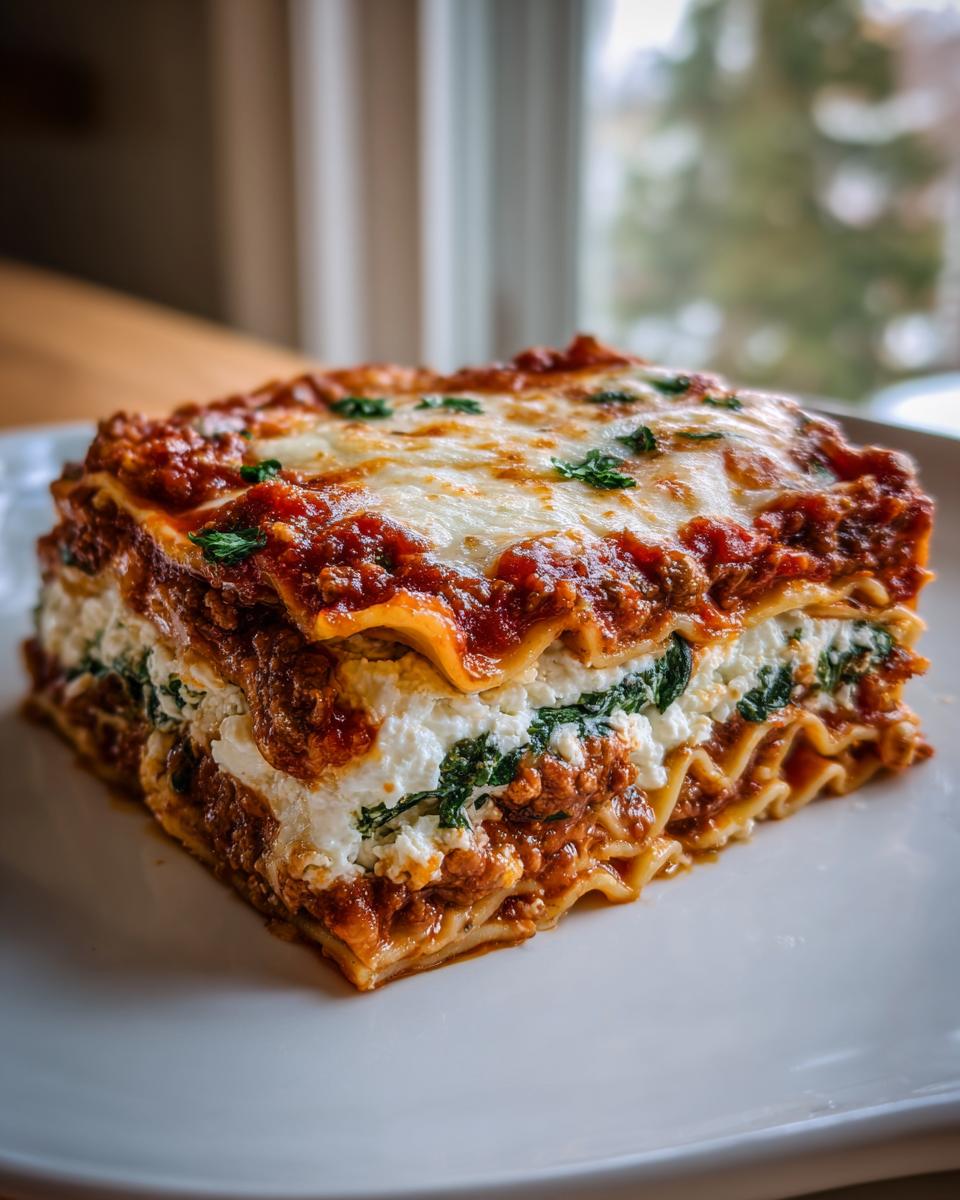 A thick, square slice of Lasagna with Cottage Cheese, showing layers of pasta, meat sauce, white cheese filling, and spinach, topped with melted mozzarella.