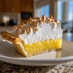 A close-up slice of lemon meringue pie showing bright yellow filling, flaky crust, and tall, toasted meringue peaks.