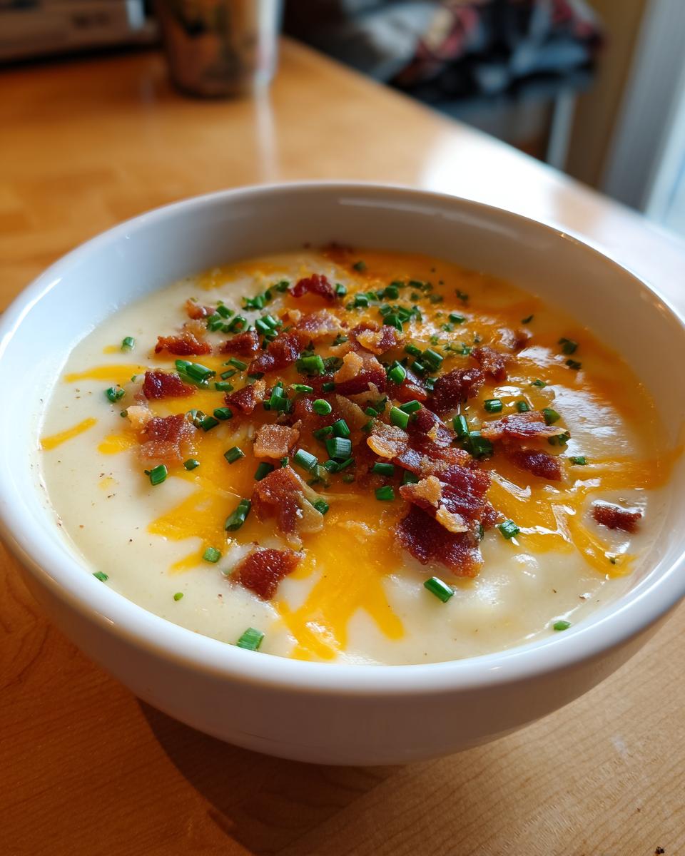 Close-up of a bowl of creamy Loaded Baked Potato Soup topped generously with melted cheddar cheese, crispy bacon bits, and fresh chives.