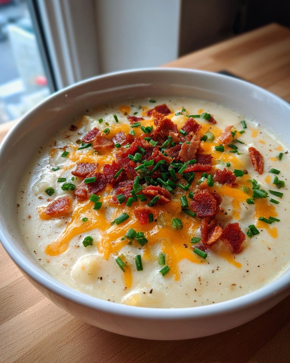 A creamy bowl of Loaded Baked Potato Soup topped generously with melted cheddar cheese, crispy bacon bits, and fresh chives.