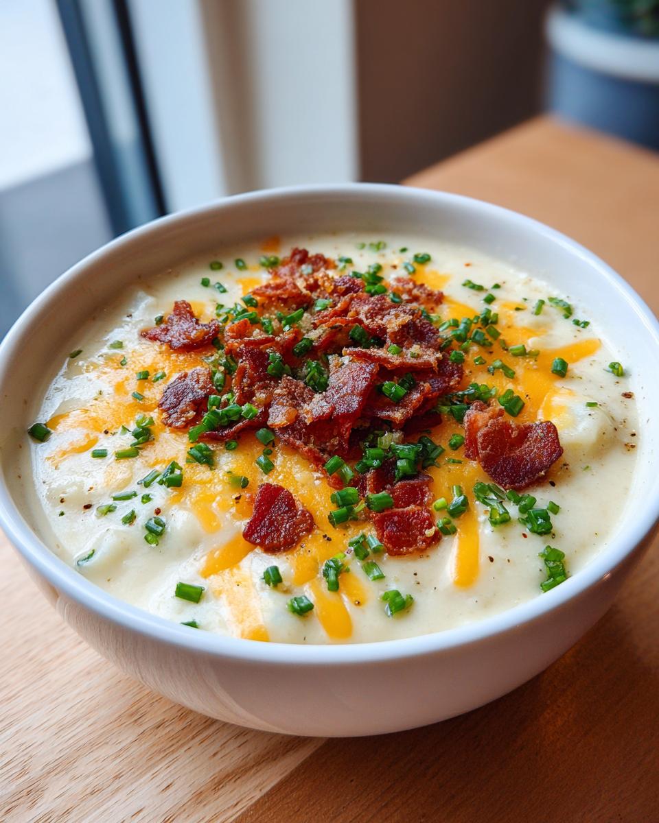 A close-up of a white bowl filled with creamy Loaded Baked Potato Soup, topped generously with shredded cheddar, crispy bacon, and fresh chives.