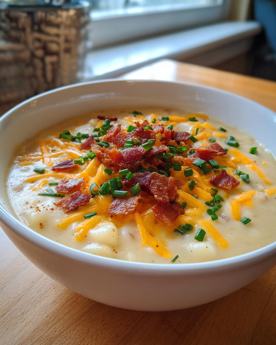 Close-up of a white bowl filled with creamy Loaded Baked Potato Soup, topped generously with shredded cheddar cheese, crispy bacon bits, and fresh chives.