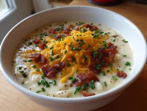 A creamy bowl of Loaded Baked Potato Soup topped generously with shredded cheddar cheese, bacon bits, and fresh chives.