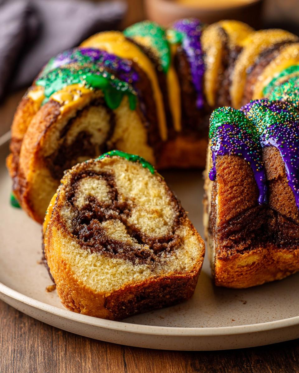 A marbled King Cake with a slice cut out, decorated with purple, green, and gold icing and sprinkles.