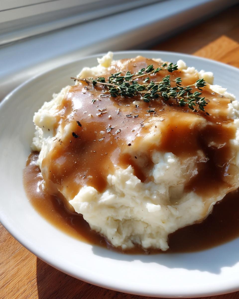 Fluffy mashed potatoes generously covered in rich homemade brown gravy and garnished with fresh thyme.