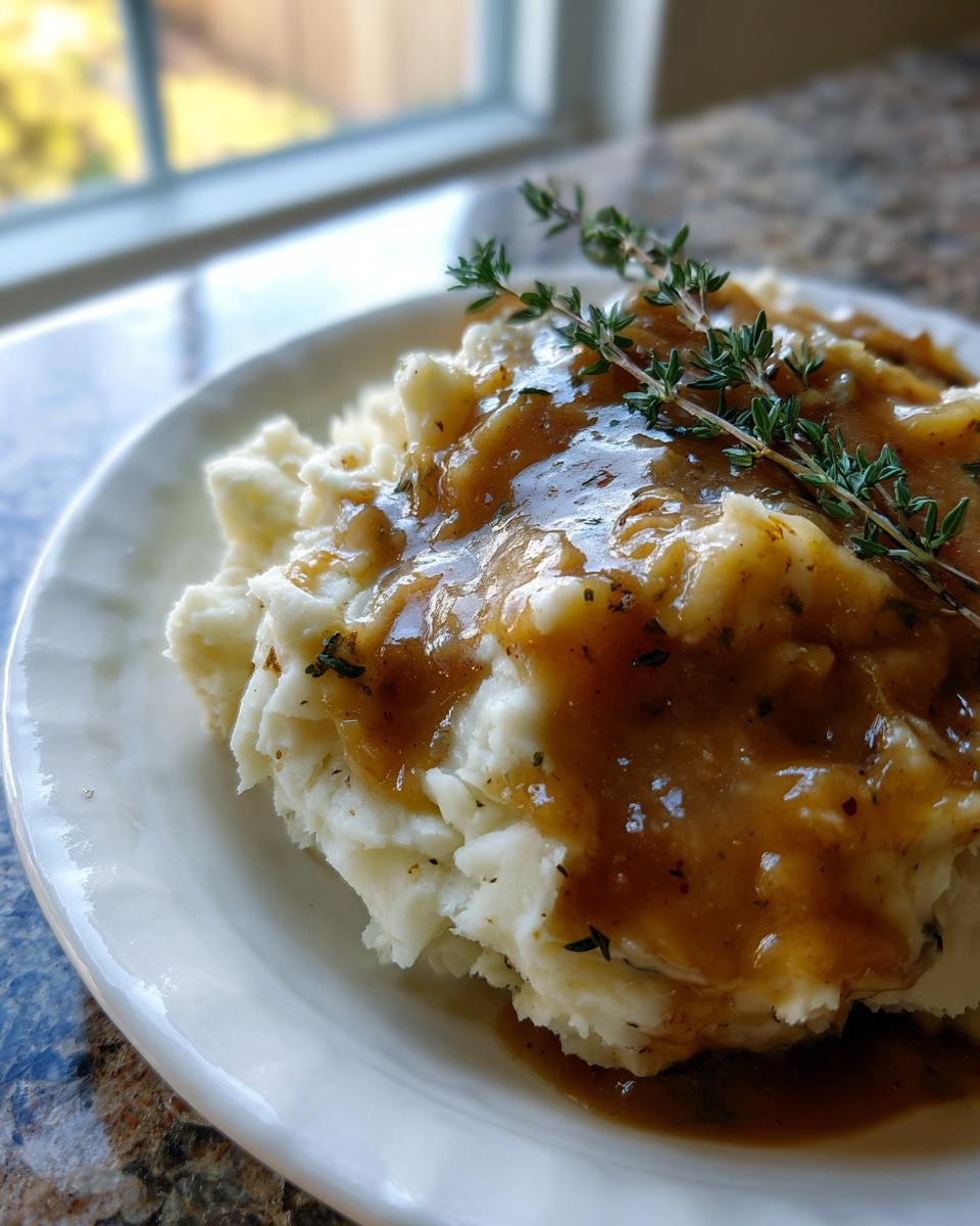 Close-up of fluffy mashed potatoes generously topped with rich homemade brown gravy and garnished with fresh thyme.