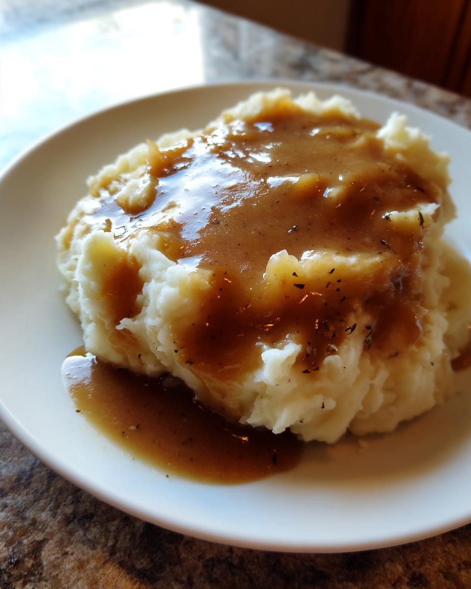 A serving of fluffy mashed potatoes generously covered with rich, glossy homemade brown gravy.