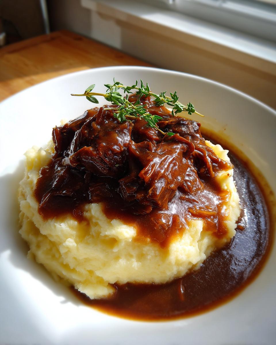 Close-up of mashed potatoes smothered in rich homemade brown gravy and shredded beef, garnished with fresh thyme.