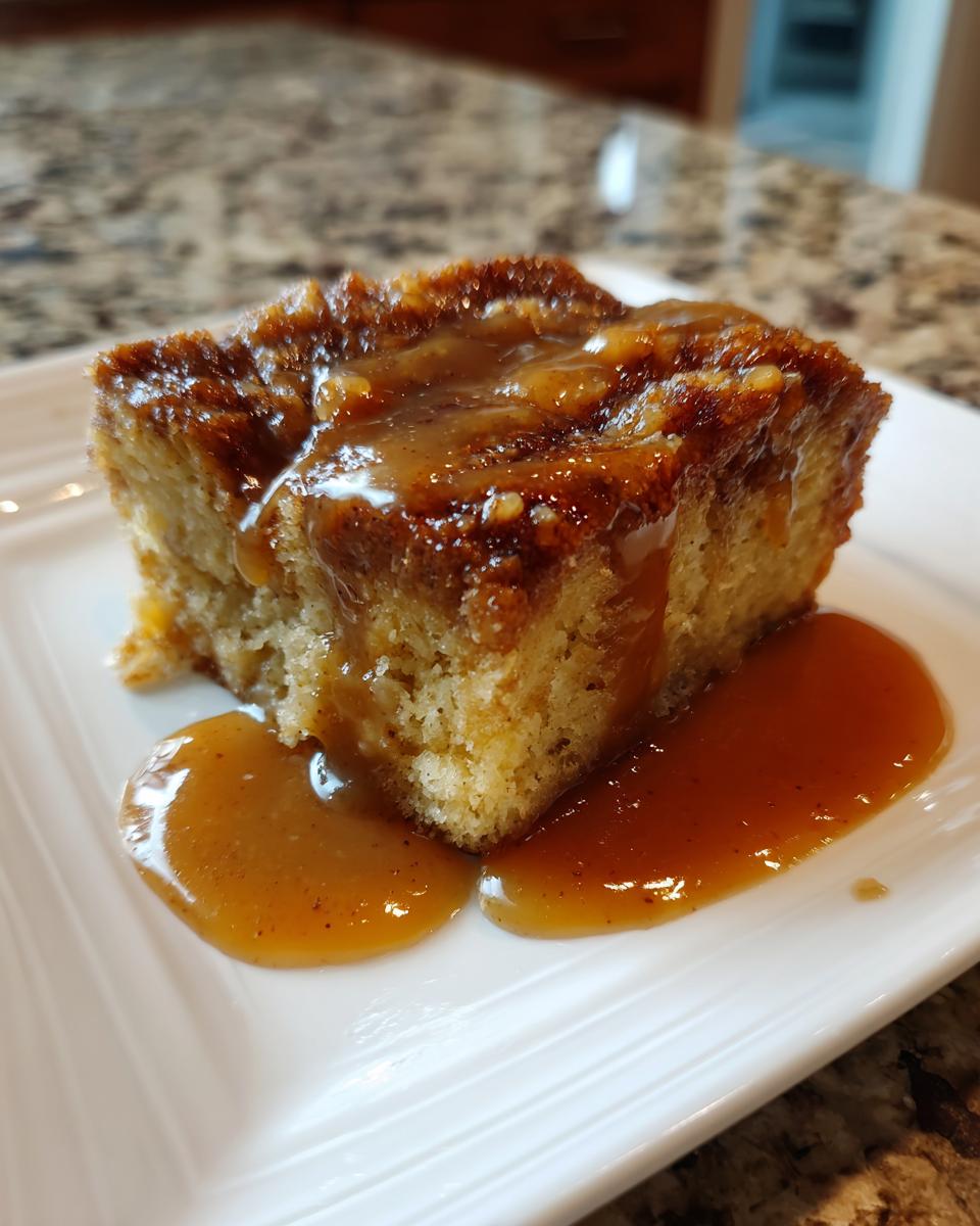 A square slice of moist bread pudding topped generously with rich caramel sauce, served on a white plate.