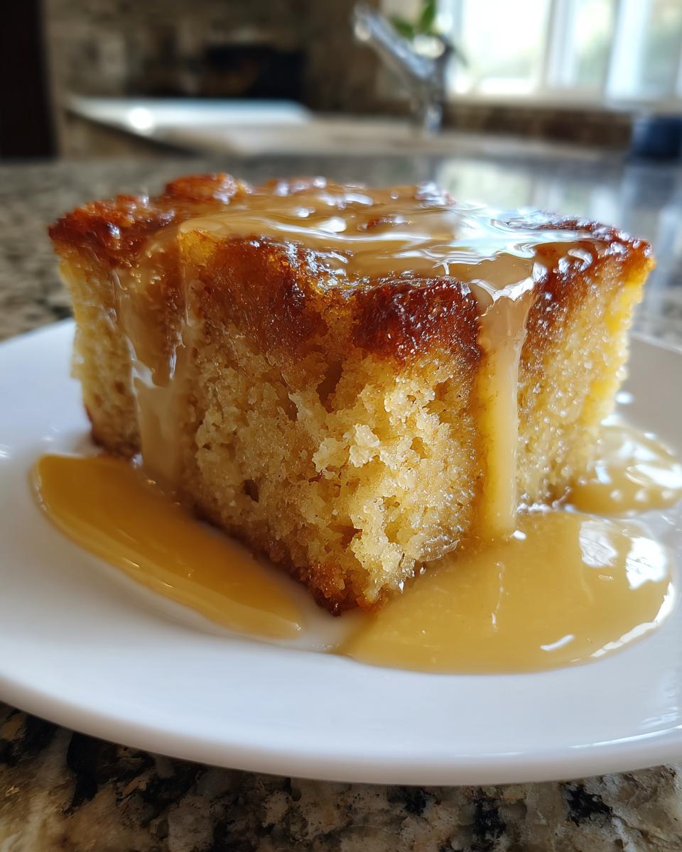 A close-up of a square slice of moist bread pudding generously topped with rich caramel sauce.