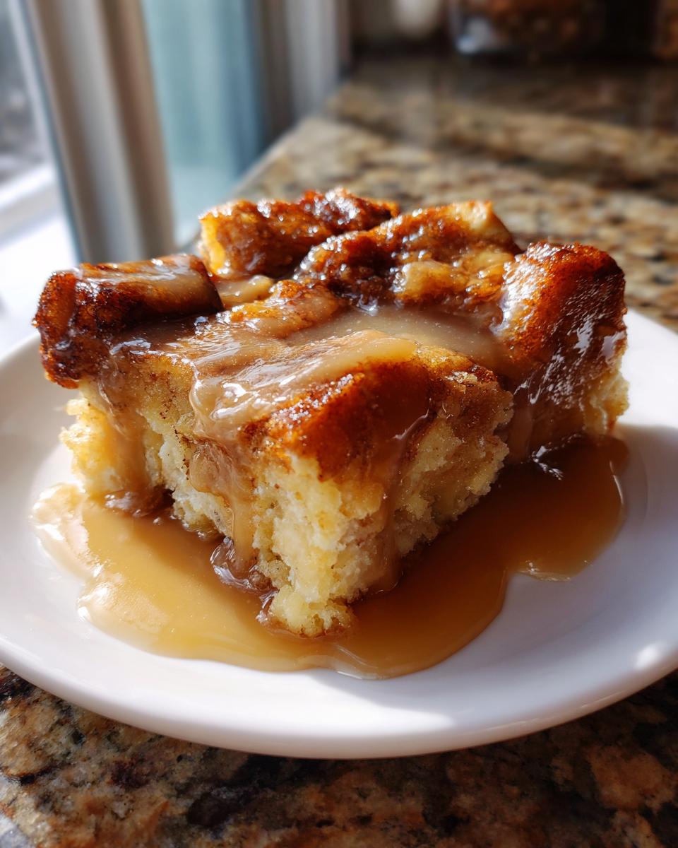 A square slice of moist bread pudding topped with rich caramel sauce, sitting on a white plate.