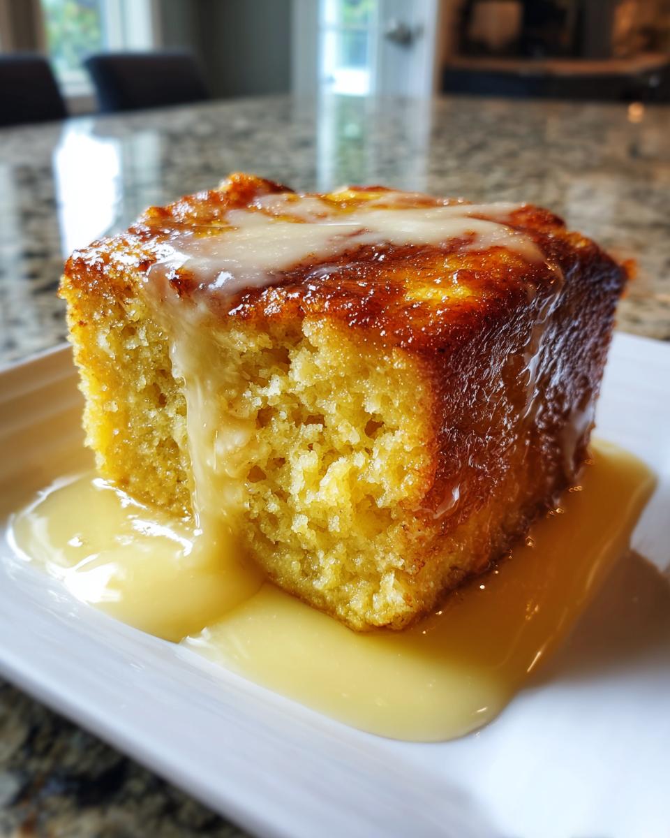 A close-up of a square serving of golden bread pudding drizzled with creamy vanilla sauce.