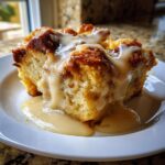 A close-up of a warm slice of bread pudding generously topped with thick vanilla sauce.