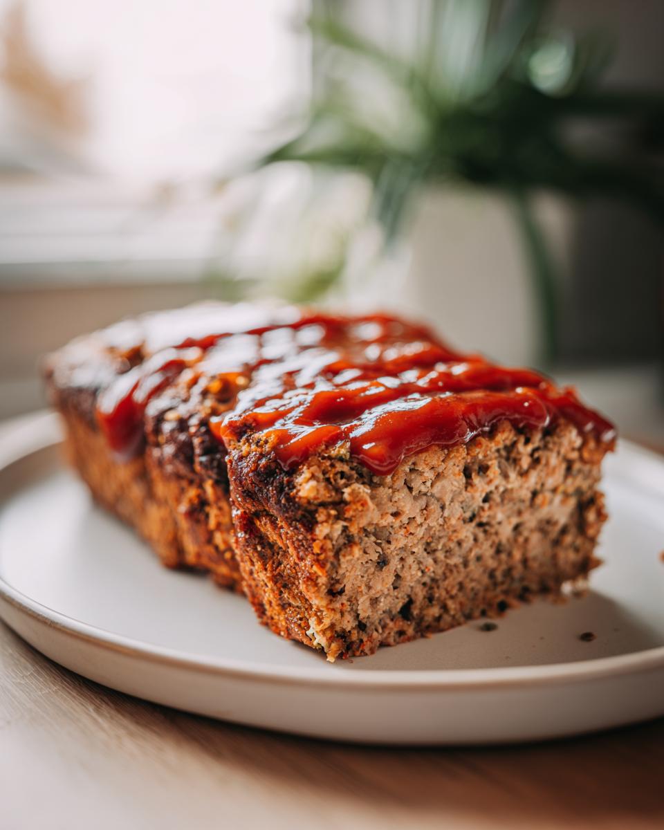 A thick slice of juicy meatloaf topped with a rich, glossy red glaze, resting on a white plate.