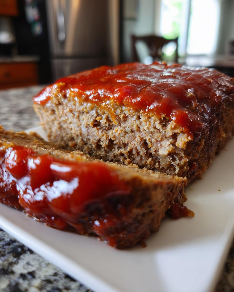 Close-up of a moist meatloaf loaf, topped with a thick, shiny ketchup glaze, with one slice cut and resting beside it.