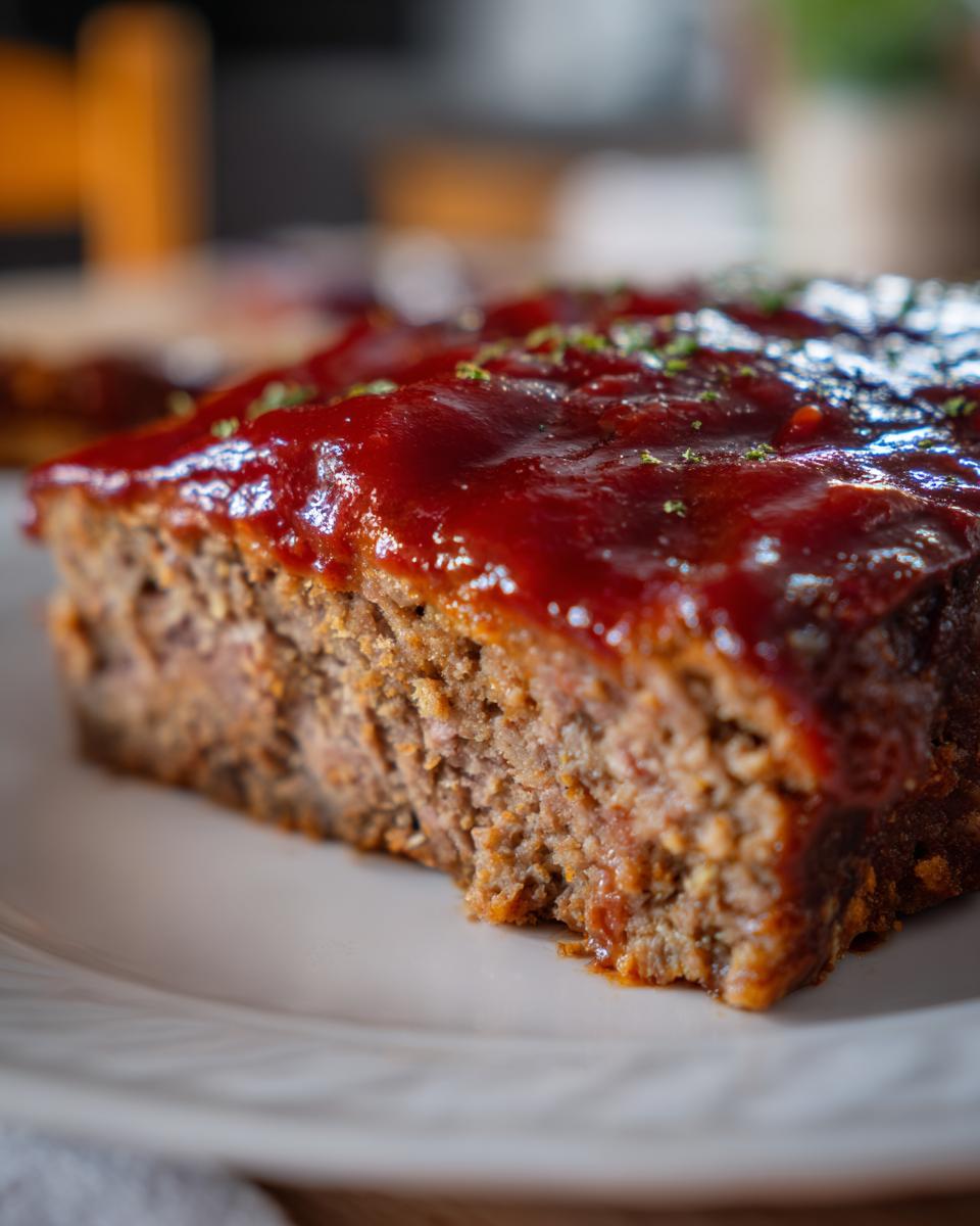 Close-up of a thick slice of moist meatloaf topped with a rich, glossy red glaze and sprinkled with herbs.