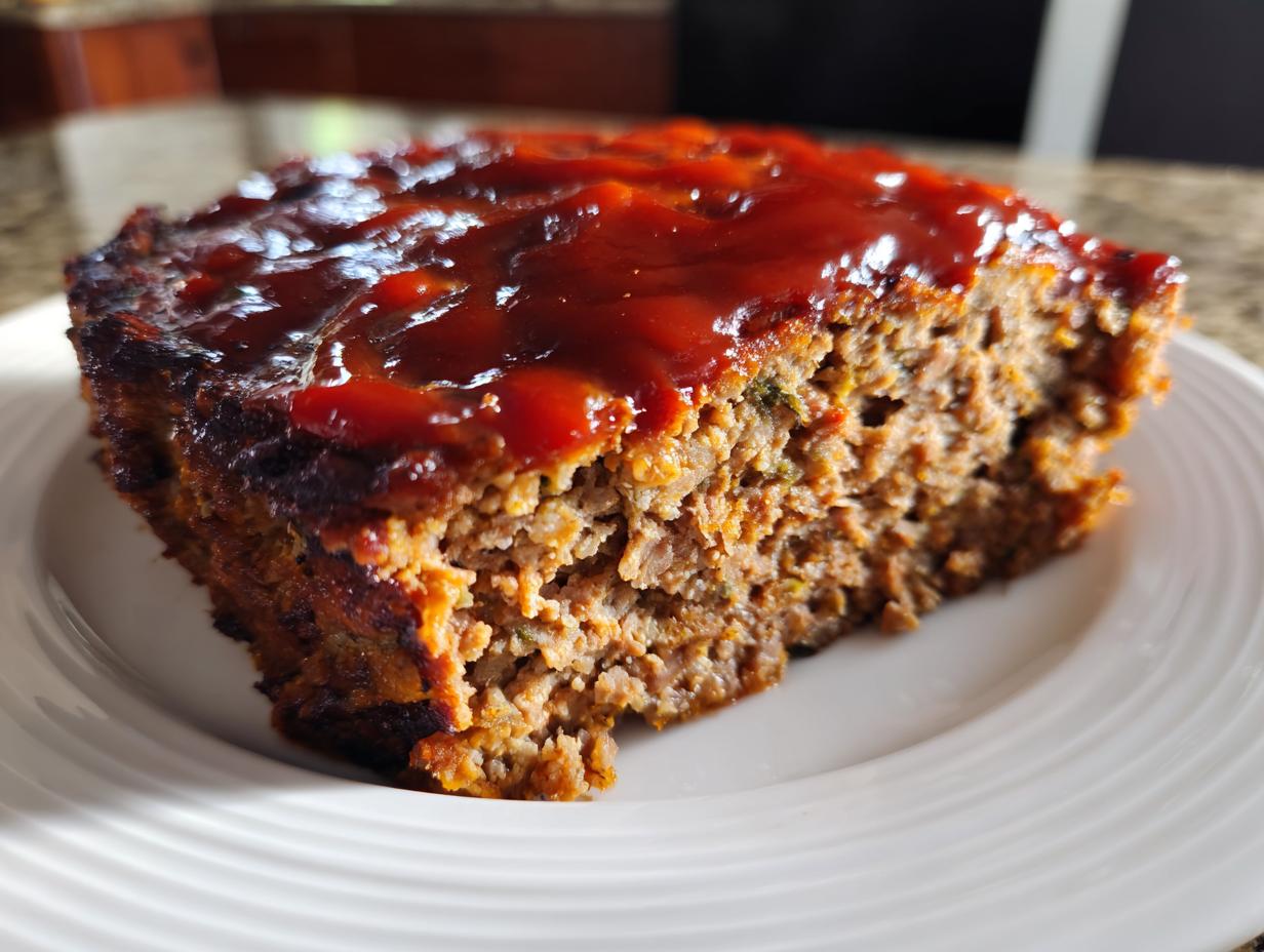 A thick slice of moist meatloaf topped with a shiny red glaze, served on a white plate.