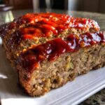 Close-up of two thick slices of moist meatloaf topped with a shiny, thick red ketchup glaze.