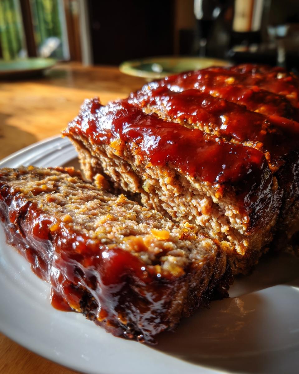 Close-up of sliced meatloaf covered in a thick, glossy red glaze, showing the moist texture inside.