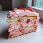 Close-up of a moist slice of strawberry cake showing two layers of white cake filled and topped with pink strawberry frosting and fresh strawberries.