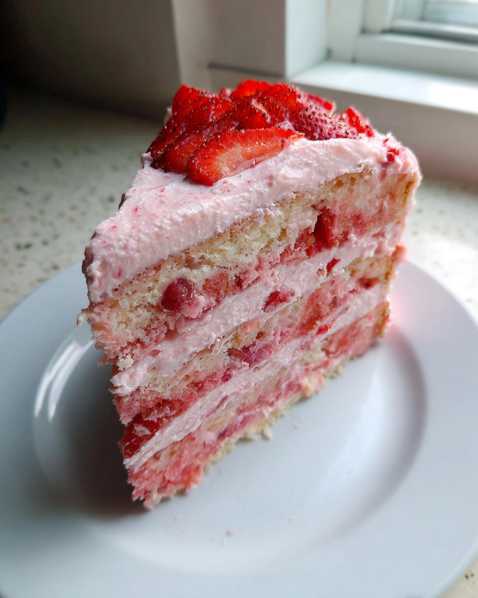A tall slice of moist strawberry cake with layers of pink frosting and fresh strawberries on top.