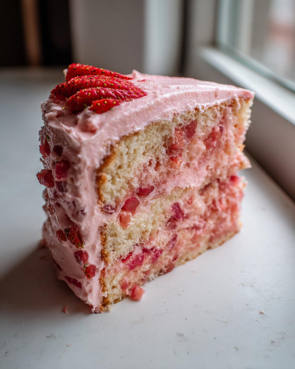 A tall, two-layer slice of moist strawberry cake with pink strawberry frosting and fresh strawberry slices on top.