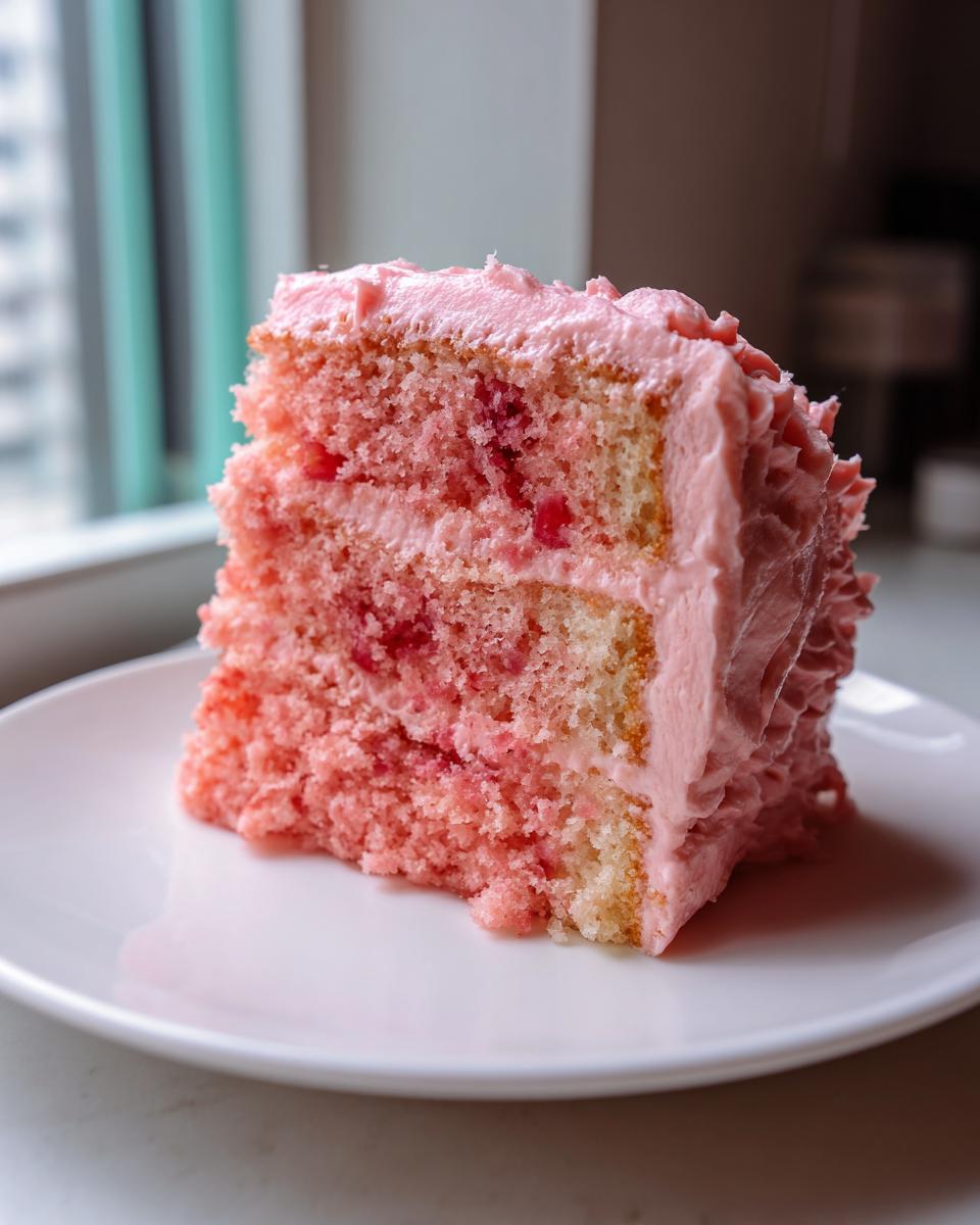 Close-up of a moist slice of pink strawberry cake with visible fruit pieces, served on a white plate.