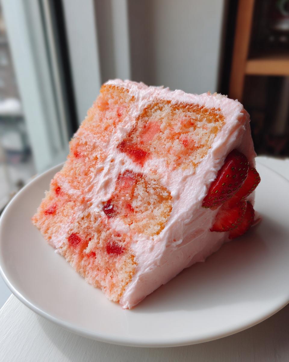 A moist slice of strawberry cake with pink frosting and fresh strawberry pieces visible in the layers.