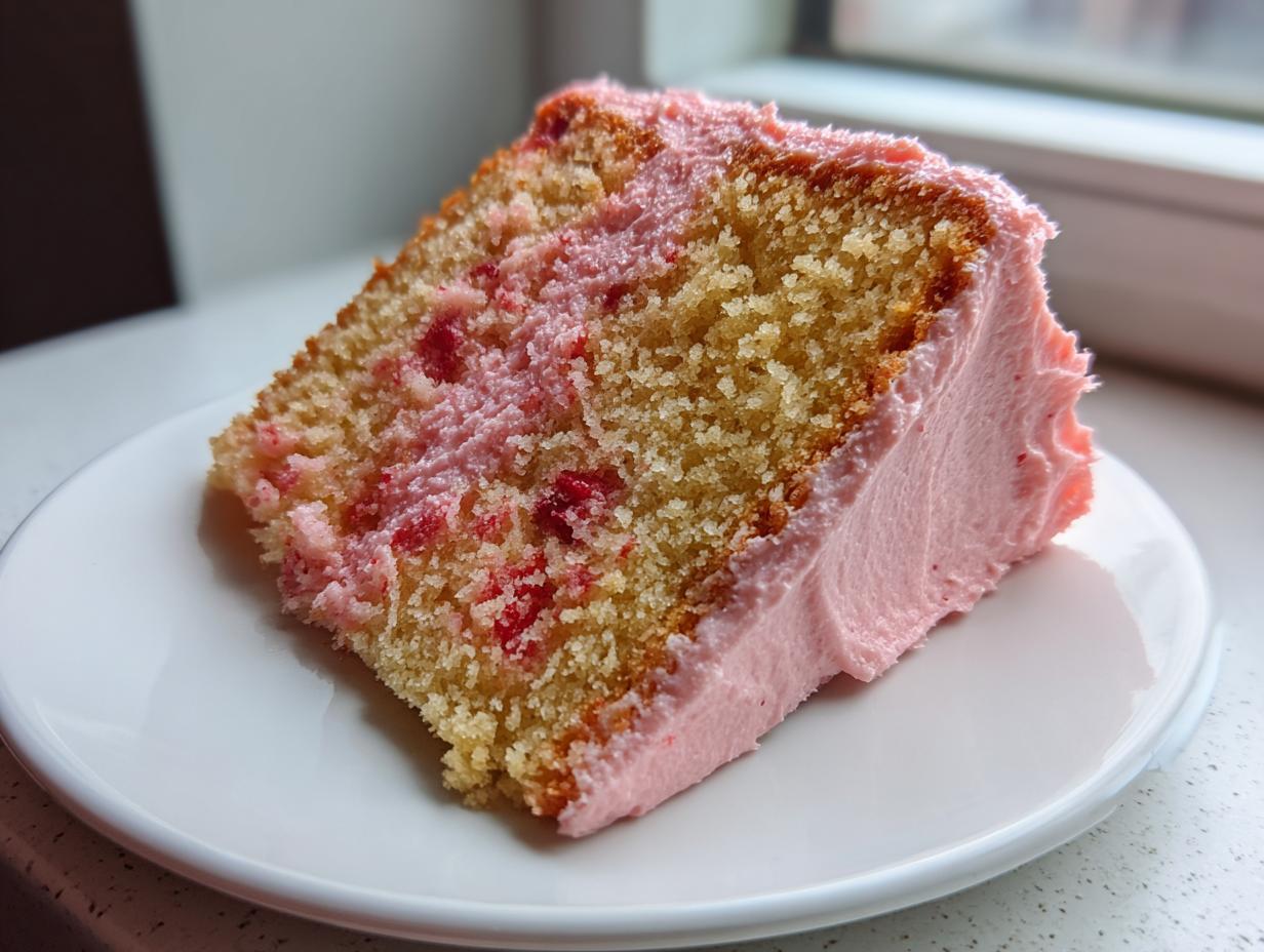 A moist slice of strawberry cake featuring yellow cake layers with pink strawberry filling and thick pink strawberry frosting.