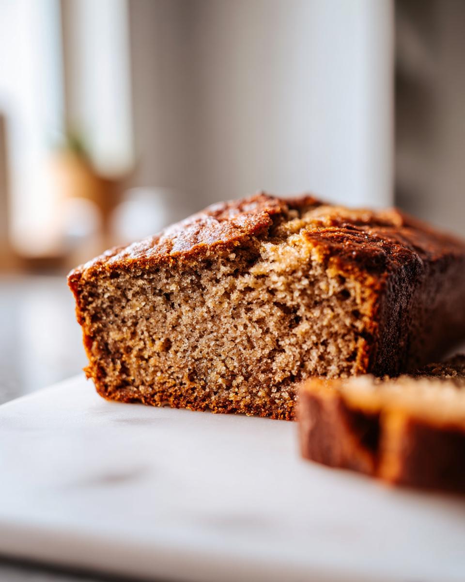 Close-up of a freshly baked sugar free banana bread loaf showing its moist, brown crumb texture.