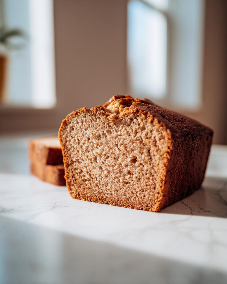 Close-up of a slice revealing the moist, even crumb texture of the sugar free banana bread loaf.