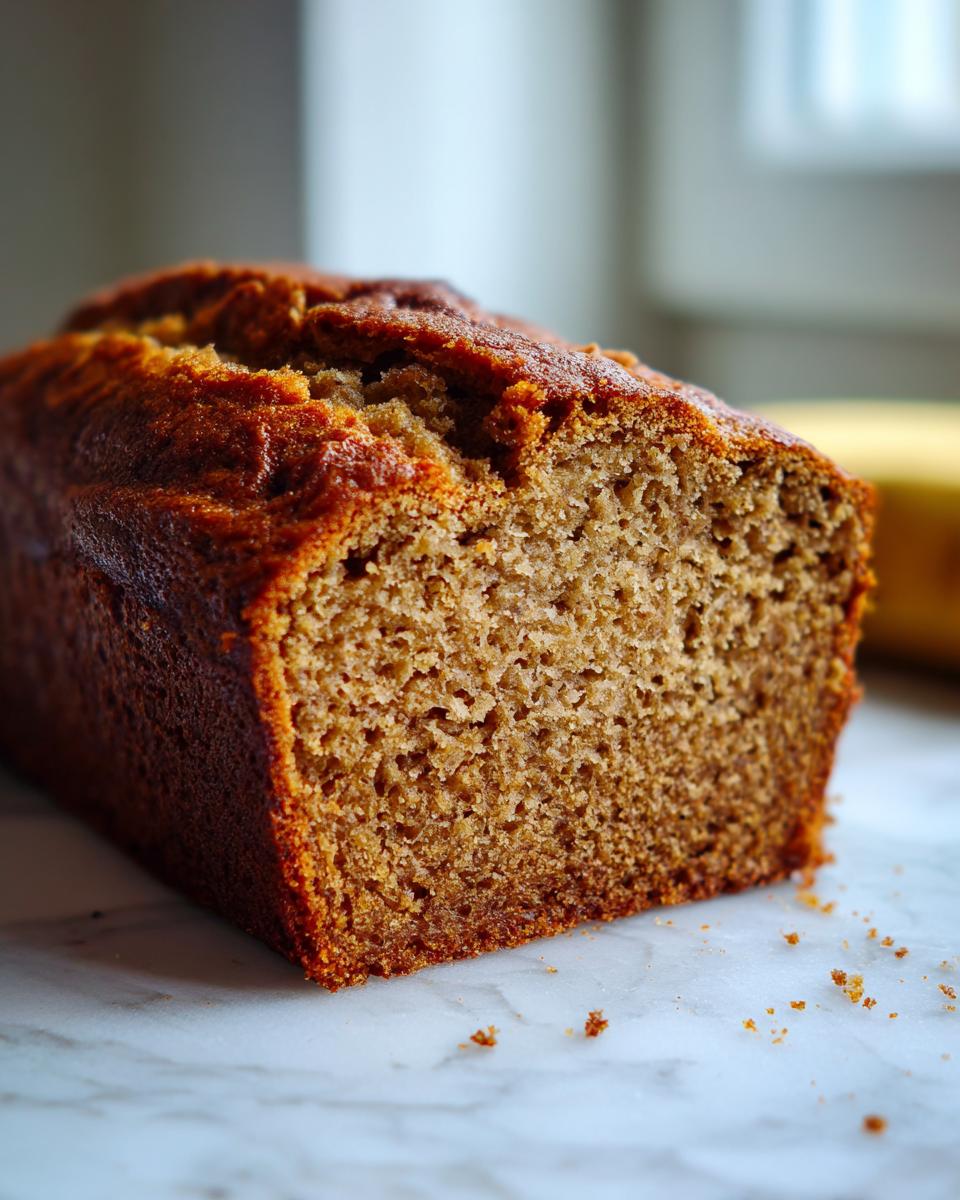 Close-up of a freshly baked loaf of sugar free banana bread showing its moist, brown crumb texture.