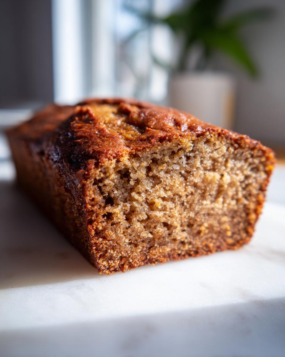 Close-up of a moist slice of sugar free banana bread showing its rich brown crumb texture.