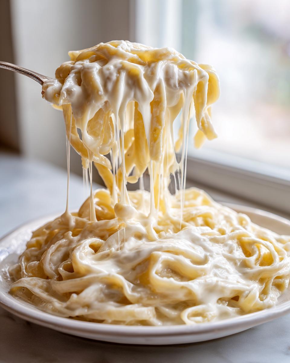 Fettuccine pasta coated in thick, creamy Olive Garden Alfredo sauce being lifted by a fork, showing cheese stretch.