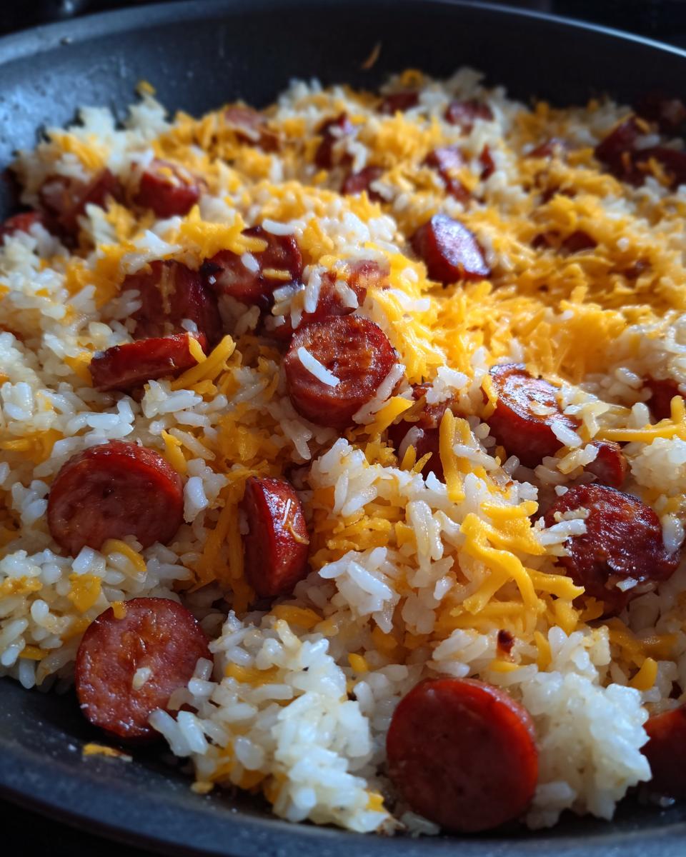 Close-up of one-pot sausage and rice mixture topped with melted shredded cheddar cheese in a dark pan.