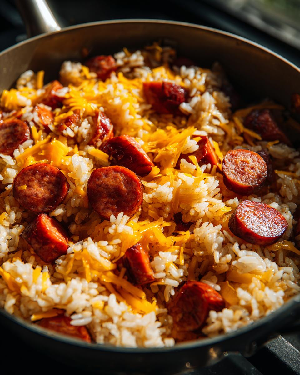 Close-up of one-pot sausage and rice mixture topped with shredded cheddar cheese in a skillet.