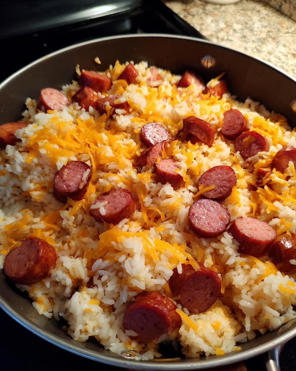 Close-up of a one-pot sausage and rice dish topped with shredded cheddar cheese.