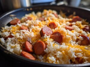 Close-up of a one-pot sausage and rice dish featuring sliced smoked sausage mixed with white rice and melted cheddar cheese.