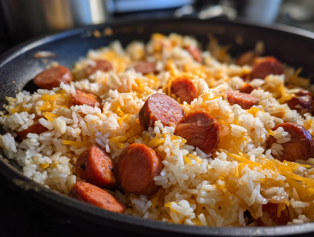 Close-up of a one-pot sausage and rice dish featuring sliced smoked sausage mixed with white rice and melted cheddar cheese.
