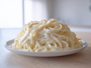 A mound of spaghetti generously coated in rich, creamy homemade alfredo sauce, served on a white plate.