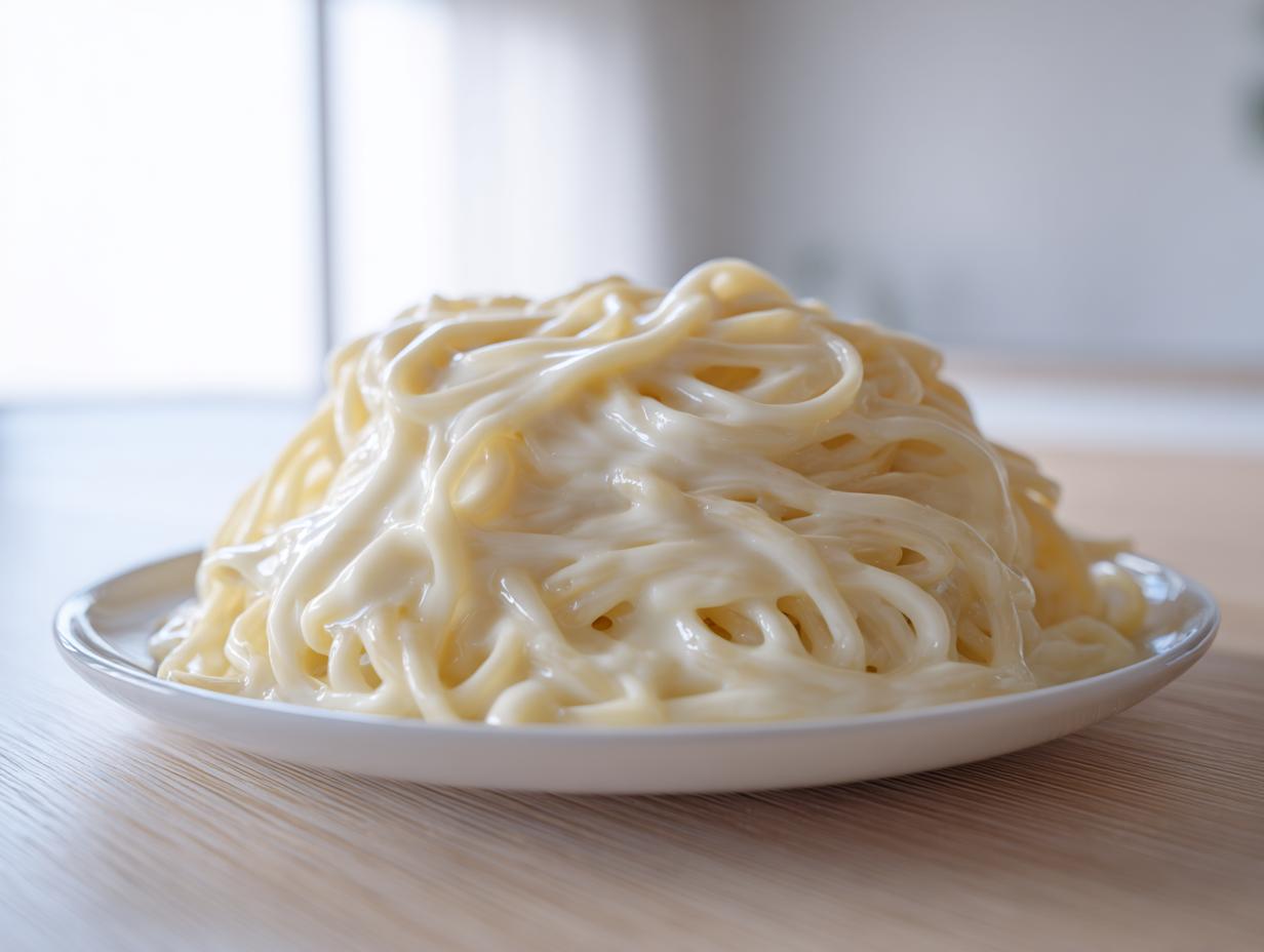 A mound of spaghetti generously coated in rich, creamy homemade alfredo sauce, served on a white plate.
