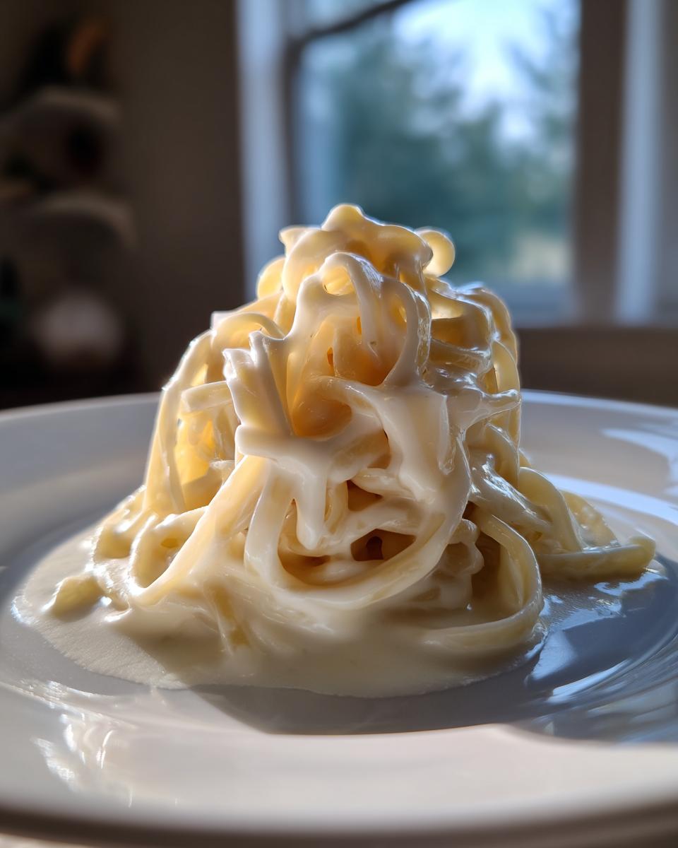 Close-up of fettuccine pasta heavily coated in creamy Olive Garden Alfredo sauce on a white plate.