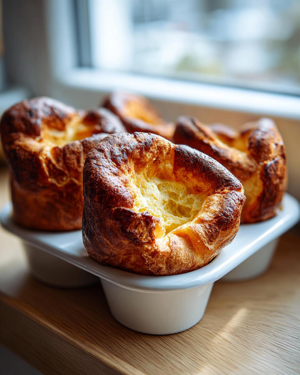 Close-up of several golden brown, perfectly risen yorkshire pudding in a white baking tray, set on a wooden surface.