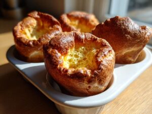 Four golden brown, perfectly risen yorkshire pudding resting in a light-colored baking tray.
