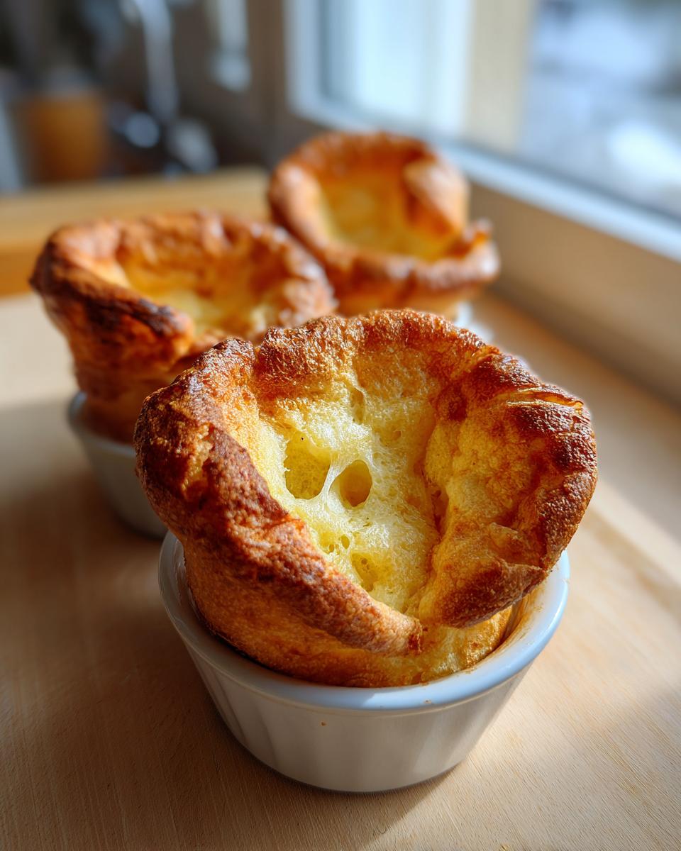 Close-up of a golden brown, risen Yorkshire pudding sitting in a white ramekin.