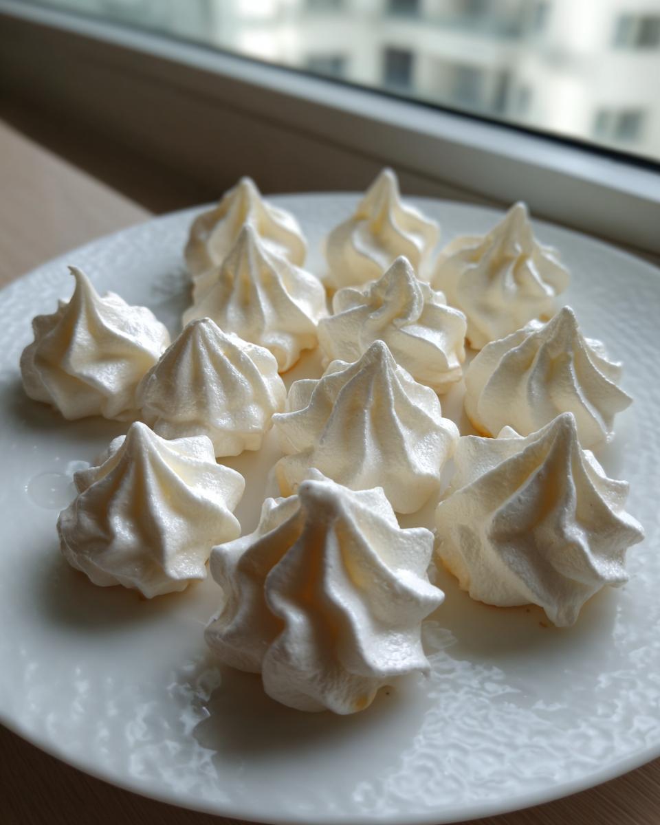 A close-up of several piped, white meringue cookies arranged on a textured white plate near a window.
